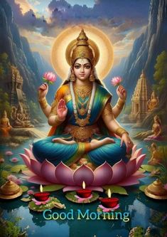 the god sitting on top of a lotus in front of mountains and water with candles