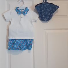 Really Adorable Sailboat Outfit And Protective Reversible Sun Hat. Blue Sun Hat For Summer Playtime, Reversible 5-panel Summer Hat, Sailboat Outfit, Baby Girl Overalls, Sunfish Sailboat, Blue Plaid Skirt, Sweatpants And Hoodie, Optimist Sailboat, Sail Colored Short Sleeve Nautical T-shirt