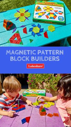 two children playing with magnetic blocks on a picnic table in front of a book cover