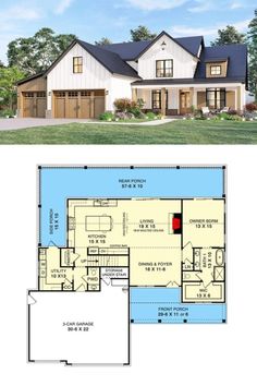 two story house plans with garage and living room on the first floor, an open floor plan