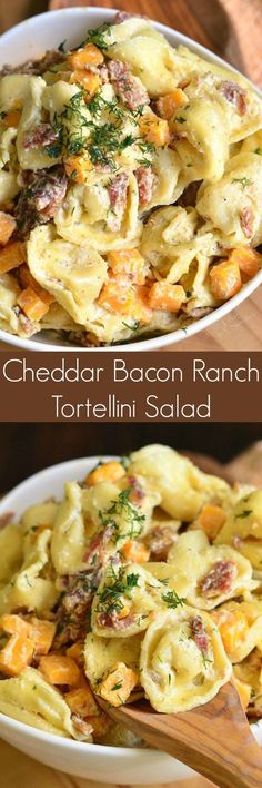 two bowls filled with cheddar bacon ranch tortelli salad on top of a wooden table