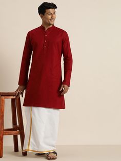 Vastramay Men's Maroon Cotton Kurta And Mundu Set Traditional Cotton Kurta, Full Sleeves Top, Full Sleeve Top, Golden Border, Maroon Dress, Looking Dapper, Cotton Bottoms, Sleeves Top