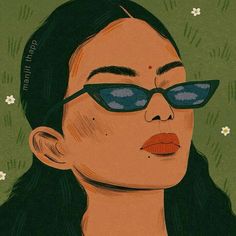 a painting of a woman with sunglasses on her face and flowers in the back ground