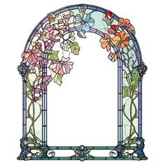 a stained glass window with flowers and vines on it's sides, in the shape of an arch