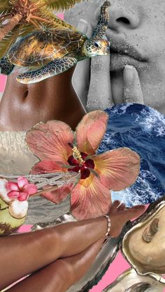 a collage of different images including a woman's face, flowers and seashells