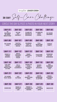 a purple and white poster with the words 30 day self - care challenge on it