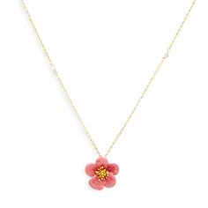 This necklace is a blooming beauty. The delicate design of an enamel plum blossom adorning the clavicle adds a touch of elegance to any outfit. Bring a little floral flair to your wardrobe and make a statement with this unique piece. Collection: Garden Series Product Type: Necklace Material: 18k gold plating brass, enamel Charm Dimensions: Height: 20 mm, Width: 20 mm Necklace length: 41 cm + 5.5 cm / 16.1 inches + 2.2 inches (Adjustable Chain) Feminine Blossom Jewelry For Spring, Flower-shaped Jewelry With Adjustable Chain For Spring, Spring Flower-shaped Jewelry With Adjustable Chain, Dainty Blossom Color Jewelry For Spring, Spring Flower Jewelry With Adjustable Chain, Dainty Blossom Jewelry For Spring, Dainty Blossom Flower Jewelry, Feminine Flower Pendant Necklace With Clavicle Chain, Flower Pendant Jewelry With Spring Flower Decoration