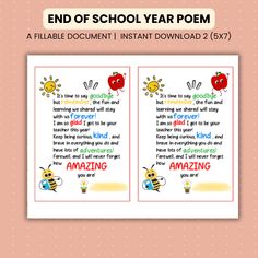 the end of school year poem is shown with an image of two bees on it