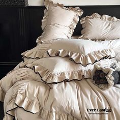 Beige Black Trim Ruffle Bedding Bundle White Bedding With Black Trim, Black And Cream Bedding, Moody Bedding Sets, Beige And Black Room, Black White Beige Bedroom, Black And White Themed Bedroom, Dark Academia Bedding, Victorian Goth Bedroom, Black White And Beige Bedroom