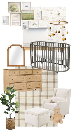 a baby's room with furniture and pictures on the wall, including a crib