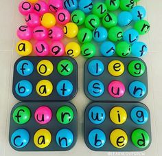 the letters and numbers are arranged in rows on top of each other, with different colored balls