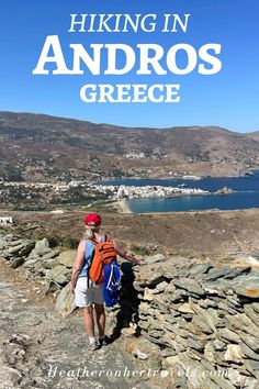 hiking in andros greece with text overlay