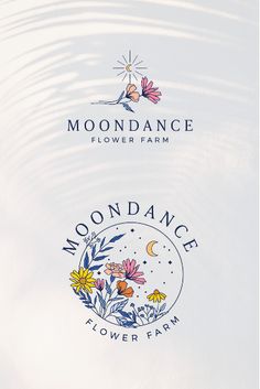 the moon dance flower farm logo is shown on a white background with blue and yellow flowers