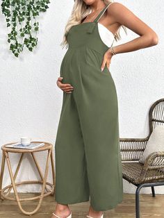 Army Green Casual Collar Sleeveless Polyester Plain Cami,Overall Embellished Non-Stretch  Maternity Clothing Maternity Jumpsuit, Maternity Clothing, Sleeveless Jumpsuits, Pregnant Women, Army Green, Jumpsuit, Solid Color