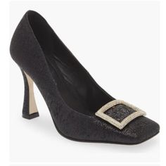 These Run Small A 10 Fits Like A 9 A Jewel-Encrusted Ornament Lends Eye-Catching Glamour To The Vamp Of An Occasion-Ready Pump Framed By A Square Toe And Flared Heel. Color: Black Metallic Fabric Pls Pls Read All Reviews On This Brand Before Buying I Own Quite A Few And I Wear A True 10 Adn Only Can Wear An 11 In These So Make Note As No Returns Super Beautuifl Well Made Adorable Unique Shoes Details & Care A Jewel-Encrusted Ornament Lends Eye-Catching Glamour To The Vamp Of An Occasion-Ready Pu Black Heels For Formal Holiday Occasions, Elegant Heels With Glitter Accents And Round Toe, Elegant Evening Heels With Glitter Accents, Elegant Black Sparkling Heels, Glamorous Silver Heels With Square Toe, Elegant Silver Heels With Square Toe, Elegant Silver Square Toe Heels, Silver Square Toe Heels For Formal Occasions, Louboutin Kate 100