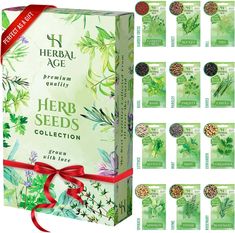 the herb seed collection is shown in front of several different boxes with red ribbons on them