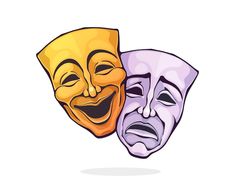 two theatre masks with faces drawn on them, one is yellow and the other is purple