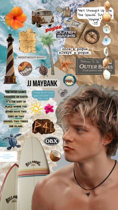 a collage of various pictures and words with a man holding a surfboard in front of him