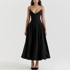 Juana - Long Black Strapless A-Line Corset Dress