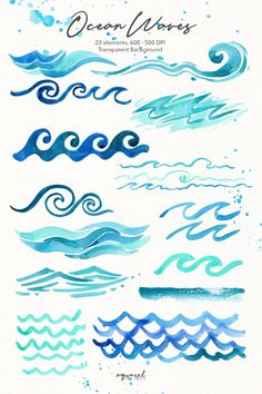 watercolor waves and splashes on white paper with the words ocean waves written in blue ink