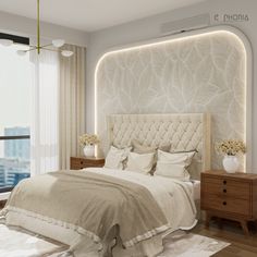 a bedroom with a bed, nightstands and large window overlooking the cityscape