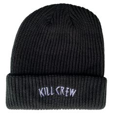 Classic knit fold up beanie Embroidered Kill Crew 100% acrylic Approximate length 11.5" inches (un-cuffed) Black Cotton Beanie Cap, Black Beanie Cap, One Size Fits Most, Black Cotton Beanie, One Size, Black One Size Fits Most Beanie Cap, Black Cotton Beanie, Adjustable Black Beanie For Streetwear, Adjustable Black Beanie, Kill Crew, Cuffed Beanie