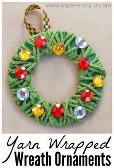 yarn wrapped wreath ornament with text overlay