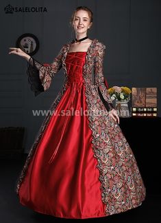 Wine Red Floral Renaissance Georgian Victorian Dress Lady Gown     Condition: Brand New   Color:  Wine Red Floral   Material: Brocade   Sleeve Length: Long Sleeve   Dresses Length:Floor-Length   Neckline:  Square Collar   Decoration: Ruffles + Lace + Bow   Package Includes: Dress            Whether you're looking for a Vintage Revolutionary,Regency,Early Victorian,Pioneer Women,Old West,Civil War Era,Polonaise Sets,Victorian Era,Edwardian, Bustle Dresses Clothi Burgundy Ball Gown Dress For Wedding, Burgundy Ball Gown For Wedding, Elegant Red Long Sleeve Ball Gown, Elegant Long Sleeve Red Ball Gown, Red Long Sleeve Ball Gown For Banquet, Red Fitted Ball Gown, Red Satin Gown For Banquet, Vintage Floor-length Gown For Banquet, Red Satin Gown For Banquets