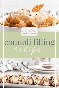 a plate with some food on it and the words, cannoli filling recipe