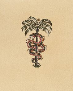 a drawing of a tree with a snake on it