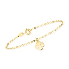 Ross-Simons - Italian 14kt Yellow Gold Four-Leaf Clover Charm Bracelet. 7". You're in luck! This bracelet is officially the cutest accessory ever. A shining 14kt yellow gold four-leaf clover charm dangles from a cable chain. Made in Italy. Springring clasp, 14kt yellow gold four-lear clover charm bracelet. Dainty Yellow Gold Bracelet With Flower Charm, Clover Charm, Leaf Bracelet, Four Leaf, Leaf Clover, Four Leaf Clover, Clover Leaf, Chains Jewelry, Cable Chain