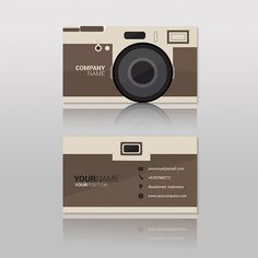 a business card with a camera on the front and back side, in brown tones