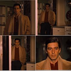 four different shots of a man in a suit and tie looking at the camera while wearing a scarf