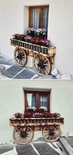 an old wooden wagon with flowers in the window and on the ground next to it