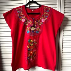 Embroidered Mexican Blouse, Size L Please See Photos For Measurements New Without Tags Red Bohemian Crew Neck Blouse, Red Floral Embroidered Top, Red Folk Tops With Floral Embroidery, Red Floral Embroidered Crew Neck Top, Red Crew Neck Blouse With Floral Embroidery, Casual Red Blouse With Floral Embroidery, Casual Red Embroidered Top, Red Floral Embroidered Short Sleeve Blouse, Red Short Sleeve Cotton Blouse