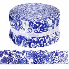 two rolls of blue and white floral ribbon