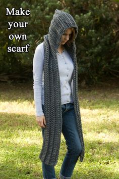 a woman standing in the grass wearing a gray knitted scarf with text overlay that reads, make your own scarf