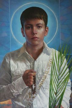 a painting of a young man holding a rosary and palm tree in front of him