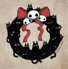 a wreath with skulls and bones on it is decorated with a red bow, two black cats are sitting in the middle