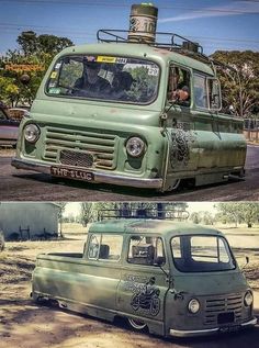 an old green van is parked in the dirt