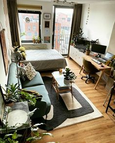 a living room filled with furniture and lots of plants on top of a hard wood floor