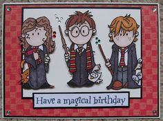 a birthday card with three harry potters and one is holding a wand, the other has