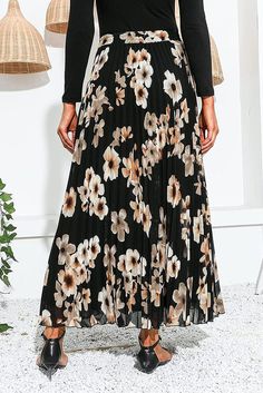 Black Floral Printed Chiffon Elastic High Waist Pleated Long Skirt Black Chiffon Skirted Bottoms, Black Chiffon Pleated Skirt Bottoms, Chic Chiffon Floral Print Skirt, Chic Floral Print Chiffon Skirt, Chic Chiffon Skirt With Floral Print, Black Flowy Skirt For Spring, Black Chiffon Pleated Skirt, High Waisted Maxi Skirt, Pleated Long Skirt