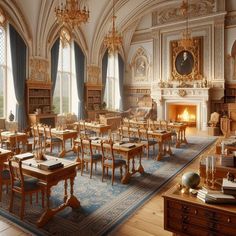 a room filled with lots of tables and chairs next to a fire place in a building