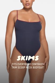 First-place style, second-skin comfort. This sporty bodysuit comfortably enhances your curves thanks to our beloved buttery fabric that is soft and stretchy beyond compare. Features contrast trim along the sexy scoop neck, adjustable straps, sides, and legs. Complete with a 100% cotton gusset that snaps. Fits true to size. | SKIMS Contrast Trim Scoop Neck Bodysuit | Blue | XL | Fits Everybody Scoop Neck Bodysuit, Contrast Trim, Second Skin, Scoop Neck, Trim, Navy, Skin, Clothes