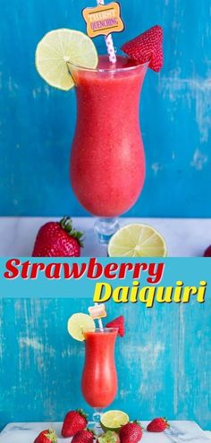 strawberry daiquit smoothie in a tall glass with strawberries and lemon wedges