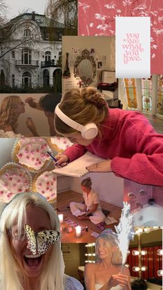 a collage of photos with people in pink and white clothing, one woman wearing headphones