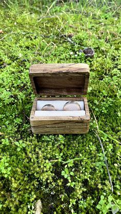 an open wooden box sitting on top of a lush green field