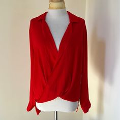 New! 1state Large Poppy Red Long Sleeve Cross Over Blouse. Buttoned Cuff , Shorter In Front And Longer At Back. Red V-neck Blouse For Work, Chic Red Top For Workwear, Halter Neck Blouses, Sheer Chiffon Blouse, Red Choker, Checkered Blouse, Striped Sleeveless Top, High Low Blouse, White Long Sleeve Blouse