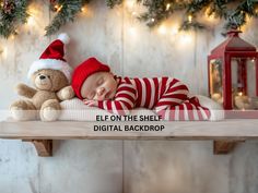 a baby sleeping on top of a wooden shelf next to a teddy bear wearing a santa hat